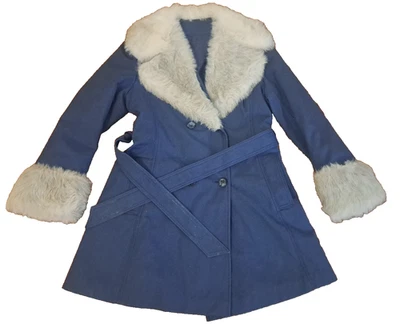 Womens Vintage Coat Fur Trim Blue Lined Mid Length Pockets Water Resistant Small - Image 1 of 4