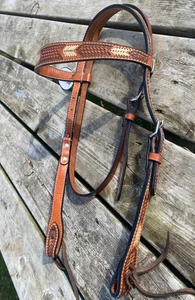 Oxbow basket tooled Western brow band headstall  w/rawhide lacing - Picture 1 of 3