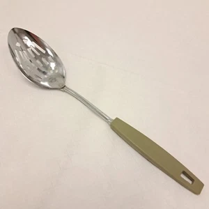 Ekco Slotted Spoon 12.5” Chromium Plated Green Nylon Handle USA Vintage - Picture 1 of 7