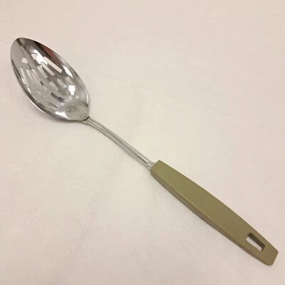 Ekco Slotted Spoon 12.5” Chromium Plated Green Nylon Handle USA Vintage - Image 1 of 4