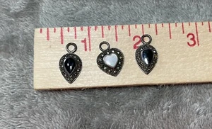925 Sterling Silver Vintage Real Mother Of Pearl & Marcasite Heart &onyx Charms - Picture 1 of 3