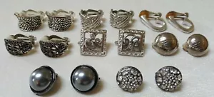 8 Pr Vintage Silvertone Clip Earrings - 4 Hoop, 3 Button, 1 Square - Picture 1 of 12