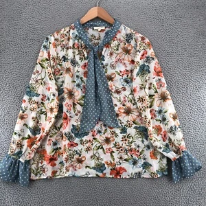 Mystree Top Womens Large Multi Floral Long Bell Sleeves Ruffle Tied Neck Blouse - Picture 1 of 10