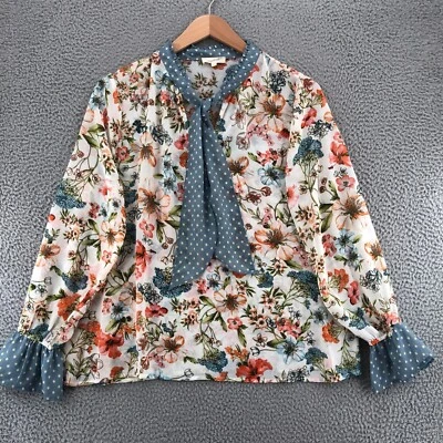 Mystree Top Womens Large Multi Floral Long Bell Sleeves Ruffle Tied Neck Blouse - Image 1 of 4