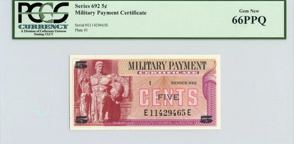 US Military Payment Certificate 5 Cents (1970-1973) Series 692 - PCGS UNC 66 PPQ - Image 1 of 2