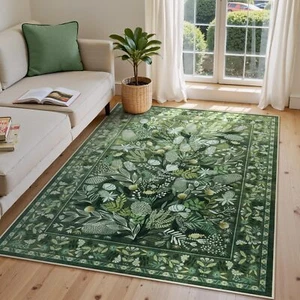 New-Green Botanical Floral Washable 5x7 Area Rugs, Abstract Large Rugs - Picture 1 of 5