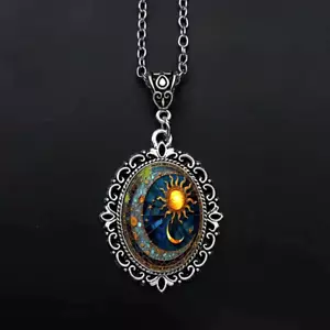 Retro Sun and Moon Oval Pendant Necklace Antique Silver Plated Jewelry Gift - Picture 1 of 3