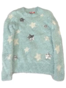Girls Fuzzy Plush Blue & Silver Sequin Star Print Sweater X-Large (14-16) - Picture 1 of 2