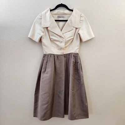 EARLY RARE Vtg 60s Geoffrey Beene Satin Collared Dress Ivory Taupe 50s Style EUC - Image 1 of 4