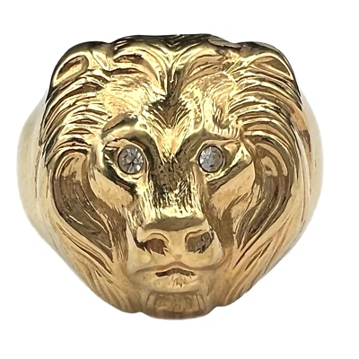 Vintage Clear Rhinestone Lion's Tiger Head Gold Tone Figural Ring Size 9.5 - Image 1 of 4