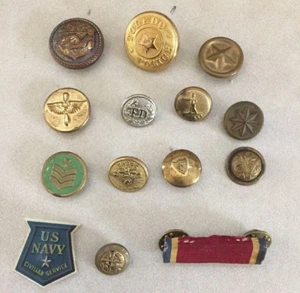 Mixed Lot 14 Vintage Brass Metal Shank Buttons Police US Navy Military Pins - Picture 1 of 12