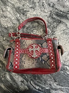 Montana West Red Paisley Handbag Satchel Rhinestones Christian Cross - Picture 1 of 15