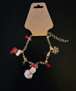 Weihnachten Bettelarmband Schmuck goldfarben verstellbar Schneemann Strumpf Schneeflocke - Bild 1 von 1