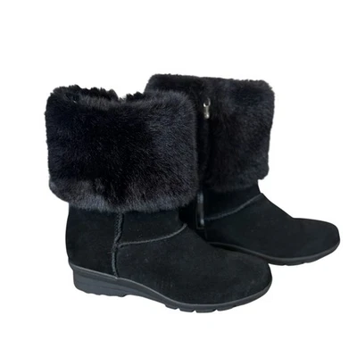 Taryn Rose Evelyn Black Suede Leather Mid Calf Boots Faux Fur Trim Womens 8.5B - Image 1 of 4