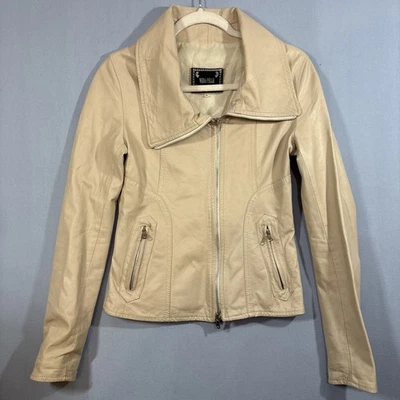 Chaqueta de Cuero Vera Pelle Mujer 44 US-XS Italiana Crema Cremallera Moto Suave Ligera Usada en Excelente Condición Foto 1 de 4