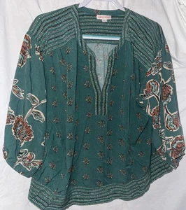 Blusa Campesina Knox Rose XXL Boho Floral Verde Azulado Estampado Étnico Rayón Top - Imagen 1 de 6