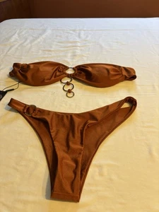 Fashion Nova Summer Swimsuit 2 Piece Bikini Brown With Gold Rings Combo - Picture 1 of 16