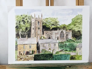 ACUARELA ORIGINAL IGLESIA Y CABAÑAS PUEBLO INGLÉS, POSIBLEMENTE COTSWOLD - Imagen 1 de 24