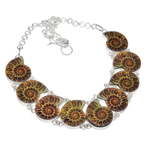 Brown Ammonite Fossil Gemstone 925 Sterling Silver Jewelry Necklace Size-18" - Picture 1 of 5