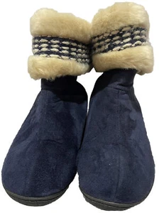 ISOTONER Navy Fur Trim Faux Suede Memory Foam Boot Slippers SIZE 9.5-10 US - Picture 1 of 11