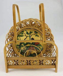 Japanese Bamboo Coasters Set With Rack Holder 7 Pc 6 Coasters Geisha Woven - Picture 1 of 15