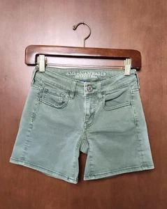 American Eagle Jean Shorts Army Green Super Stretch AEO Twill Midi Size 00 - Picture 1 of 6