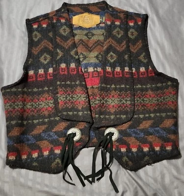 复古羊毛阿兹特克纳瓦霍西南毛毯背心羊毛尼龙美国制造 M 码 — 第 1/4 张图片