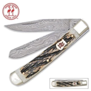 Kissing Crane Large 4" Damascus Trapper Pocket Knife - Burnt Bone Handles - NEW - Picture 1 of 1