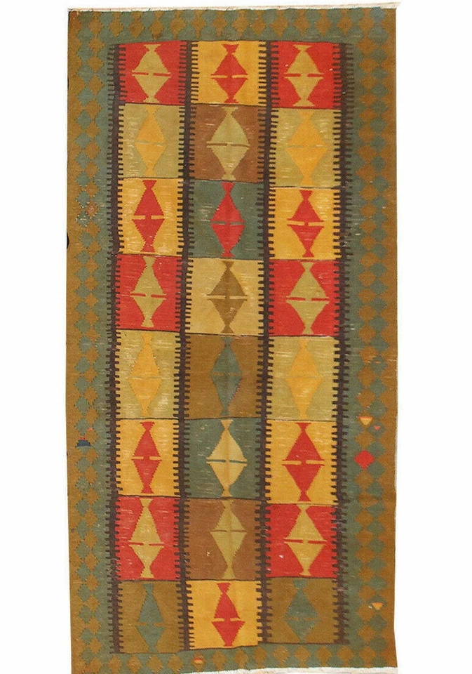 Alfombra geométrica de lana Kilim hecha a mano plana descolorida vintage 4x11 nudo a mano Foto 1 de 4