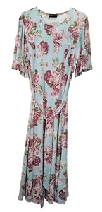 Vestido Anna Rose Midi Reino Unido 16 Azul Floral Elastizado Manga Corta Cuello Redondo Cinturón - Imagen 1 de 23