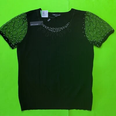 КАБЕЛЬ и калибра женщин коротким рукавом вязаный верхняя рубашка блузка большой черный w/Perls - Изображение 1 из 4