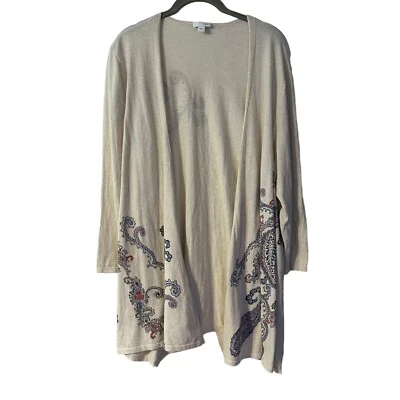 J Jill Open Front Paisley Long Line Cardigan Knit Sweater Women's Sz L Cream - Image 1 of 4