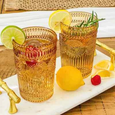 Kate Aspen Vintage Textured Amber Striped Drinking Glasses Set of 6-13 oz Ribbed