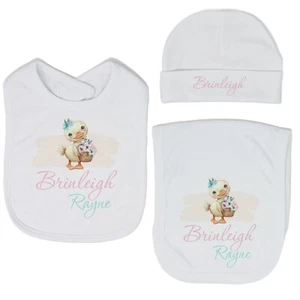 Baby Girl Personalized Custom Easter Floral Duckling Bib and Burp Cloth Set VS2 - Bild 1 von 26