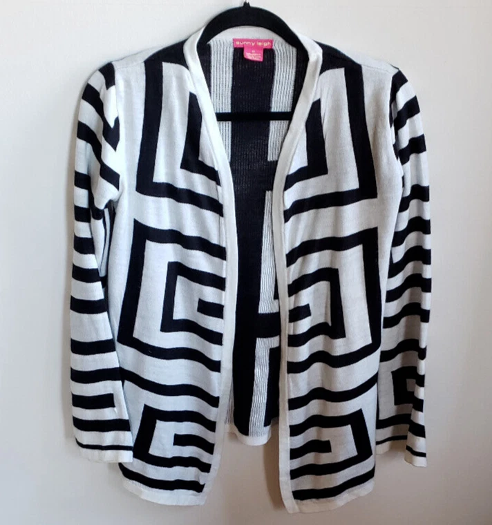 Sunny Leigh свитер кардиган XS геометрический узор черный белый полный рукава - Изображение 1 из 4