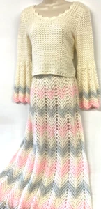 Handmade skirt and top suit crocheted Margaret S cream pink long wool blend? - Picture 1 of 11