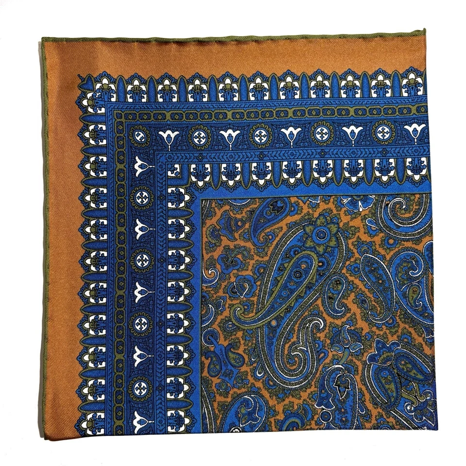 Burnt Orange & Blue Paisley Silk Pocket Square (Hand-Rolled in England) - Image 1 of 4