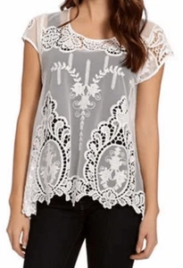 Karen Kane Sheer White Embroidered Shark Bite Hem Top Sz XL Whimsical, LWT - Picture 1 of 15