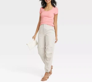 Women's Slim Fit Short Sleeve Ribbed Scoop Neck T-Shirt - A New Day Coral S - Picture 1 of 6