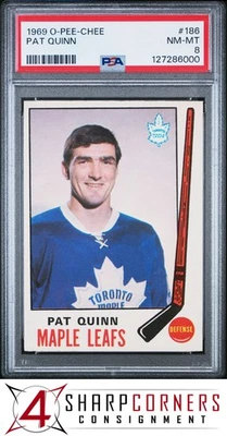 1969 O-PEE-CHEE #186 PAT QUINN RC MAPLE LEAFS 名人堂 PSA 8 — 第 1/3 张图片