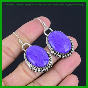 Thanks Giving Day Deal Oval Natural Charoite 925 Silver Dangling Bezel Earrings - Picture 1 of 6