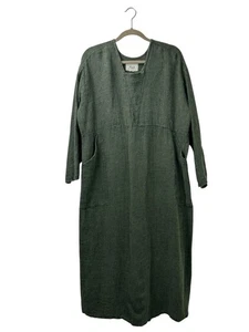 Vintage FLAX Women’s L Forest Green Midi Dress 100%Linen Knit Pockets Oversized - Picture 1 of 13
