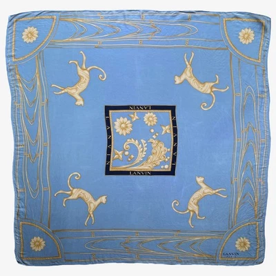 Vintage 80s Lanvin Paris Gold Art Deco Cat Print Blue Silk Scarf, Shawl Retro - Image 1 of 4