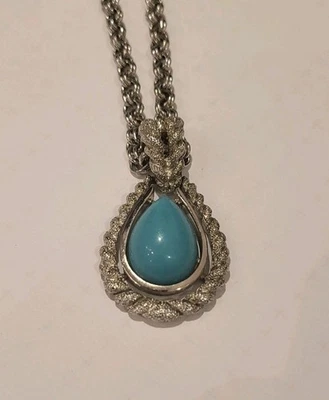 Vintage AVON Halskette mit türkisblauem Tropfen-Anhänger und Stahlkette - Bild 1 von 4