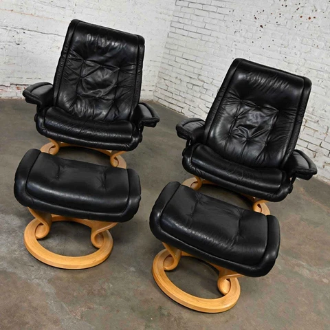 Pair Ekornes Stressless Royal Recliner Black Leather Lounge Chairs & Ottomans Cover