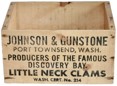 Johnson & Gunstone Little Neck Clams Wood Crate Shipping Box Port Townsend, Wash - Image 1 of 4