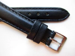 Black plain edge stitched 14 MM leather watch band strap S - Picture 1 of 7