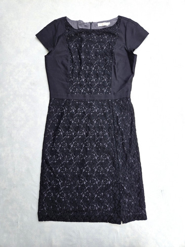 Abito donna Tory Burch 10 nero pizzo tubino manica corta misto lana cocktail