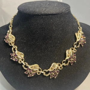 Vintage Gold Tone Purple Rhinestone Cluster Adjustable Necklace - Picture 1 of 5