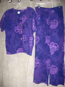 Bali Batiks resortwear Button Front Top Pull-on pants Hawaiian Purple Ladie's L